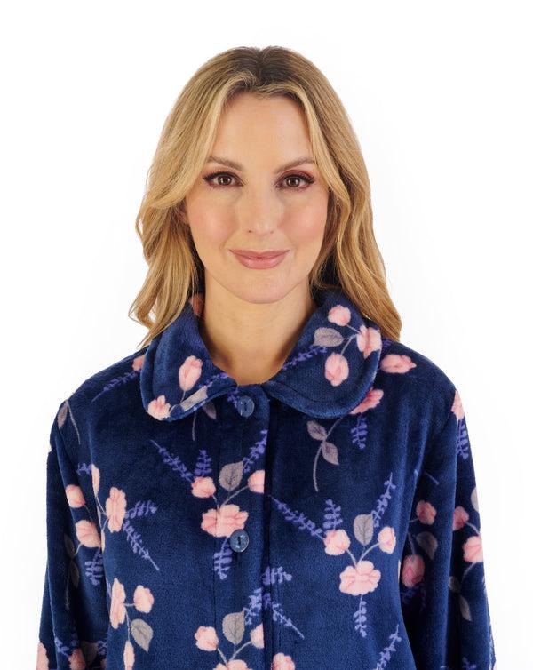 Slenderella Floral Flannel Fleece 46" Button Through Housecoat HC06311