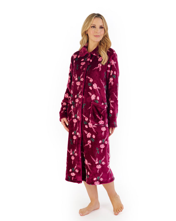 Slenderella Floral Flannel Fleece 46" Button Through Housecoat HC06311