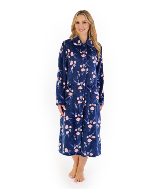 slenderella Floral Flannel Fleece 46" Button Through Housecoat HC06311