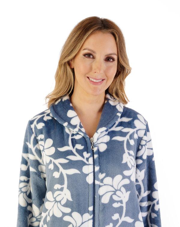 Slenderella Floral Flannel Fleece 46" Zip Housecoat HC08312