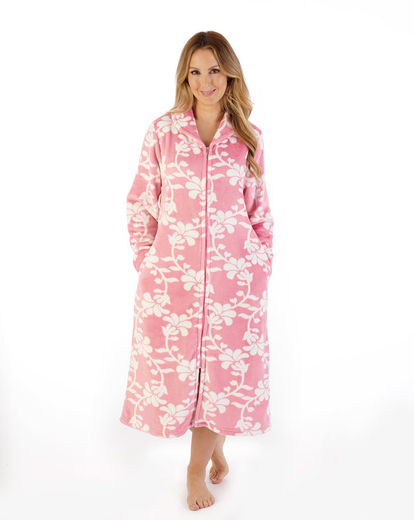 Slenderella Floral Flannel Fleece 46" Zip Housecoat HC08312