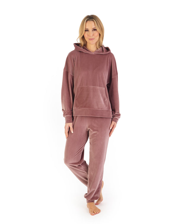 slenderella Lounge Velour Stripe Hooded Lounge Pyjama GL06712