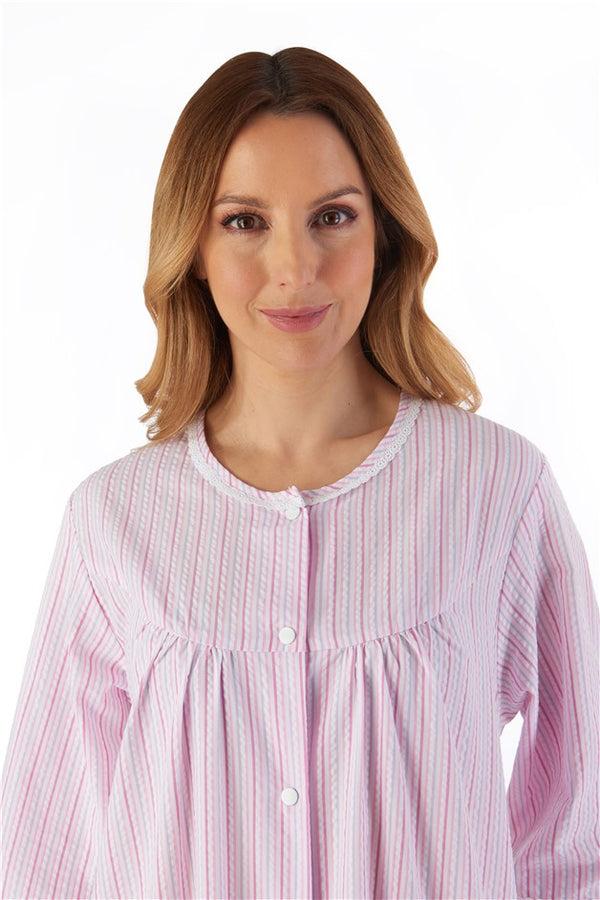 Slenderella Pinstripe Seersucker 45" Popper Front Woven Housecoat HC55227