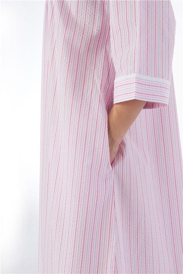 Slenderella Pinstripe Seersucker 45" Popper Front Woven Housecoat HC55227