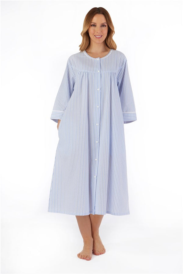 Slenderella Pinstripe Seersucker 45" Popper Front Woven Housecoat HC55227