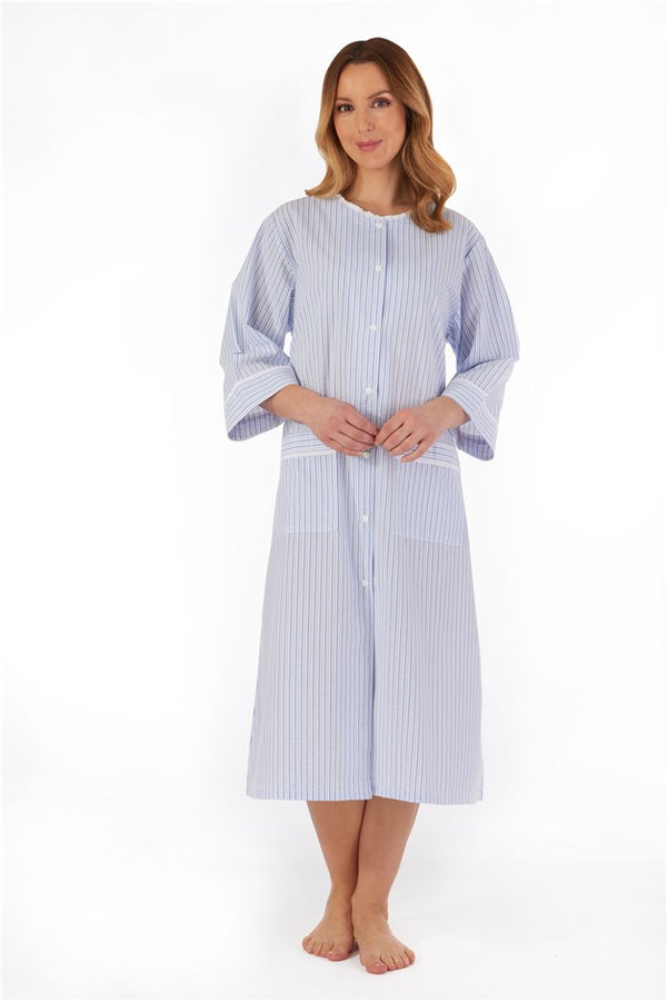 Slenderella Pinstripe Seersucker 45" Popper Front Woven Housecoat HC55226