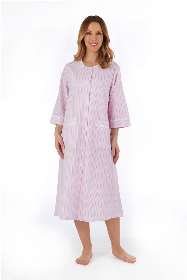 slenderella Pinstripe Seersucker 45" Popper Front Woven Housecoat HC55226