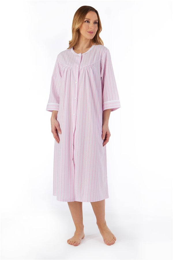 slenderella Pinstripe Seersucker 45" Popper Front Woven Housecoat HC55227