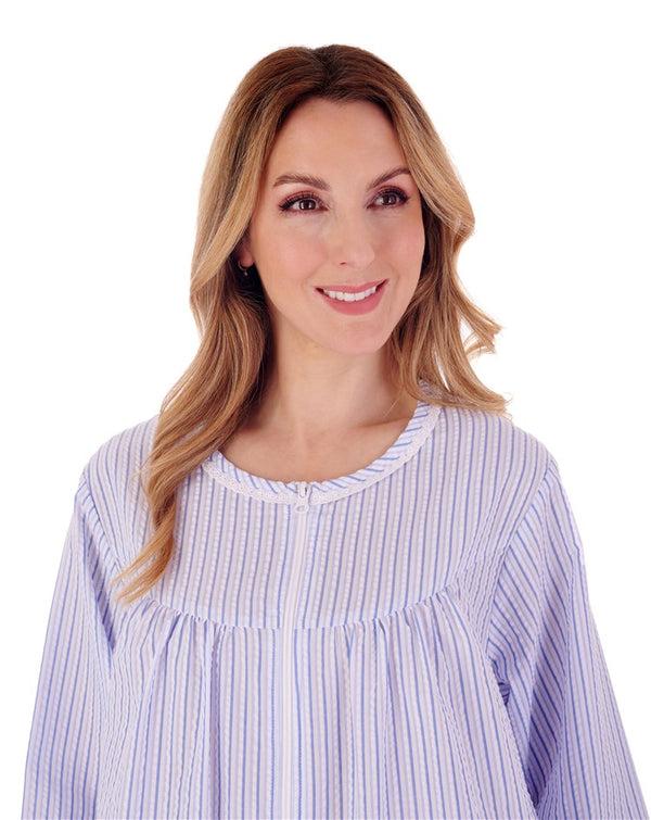 Slenderella Pinstripe Seersucker 45" Zip Front Woven Housecoat HC55229