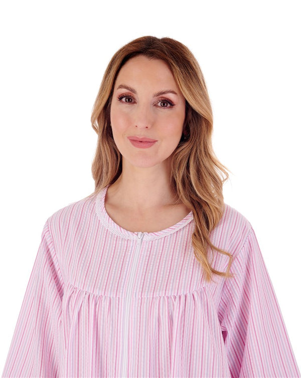 Slenderella Pinstripe Seersucker 45" Zip Front Woven Housecoat HC55229