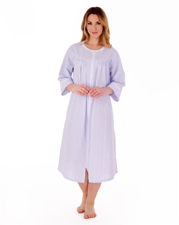 slenderella Pinstripe Seersucker 45" Zip Front Woven Housecoat HC55229
