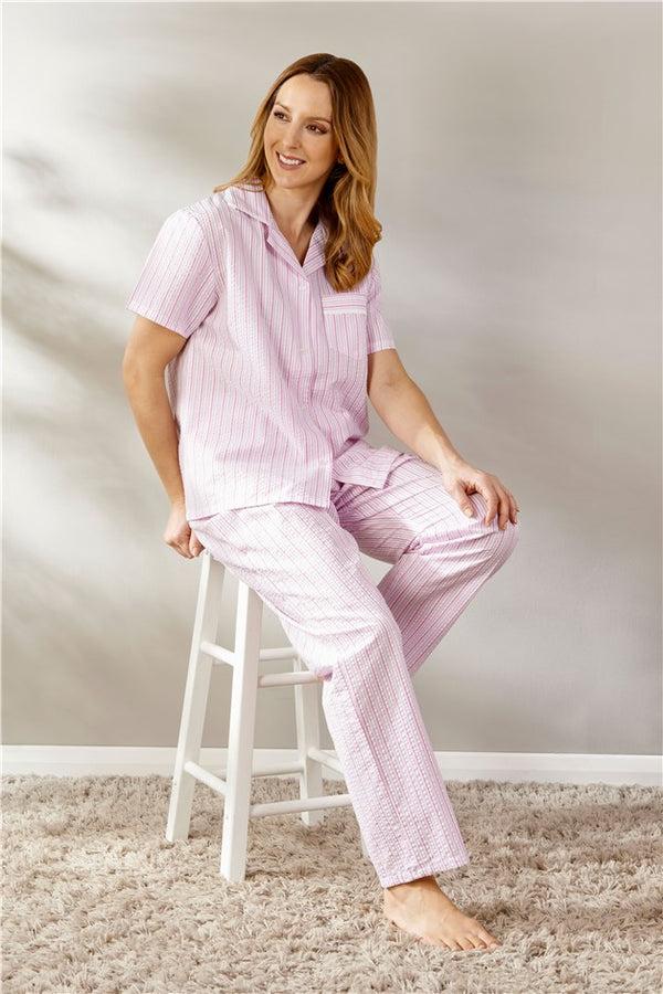 Slenderella Pinstripe Seersucker Button Through Woven Pyjama PJ55225