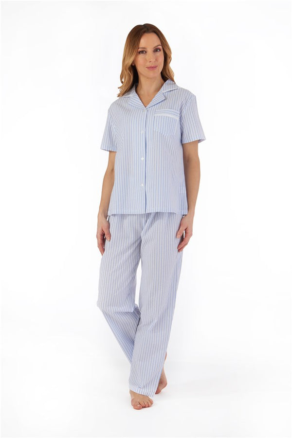 Slenderella Pinstripe Seersucker Button Through Woven Pyjama PJ55225