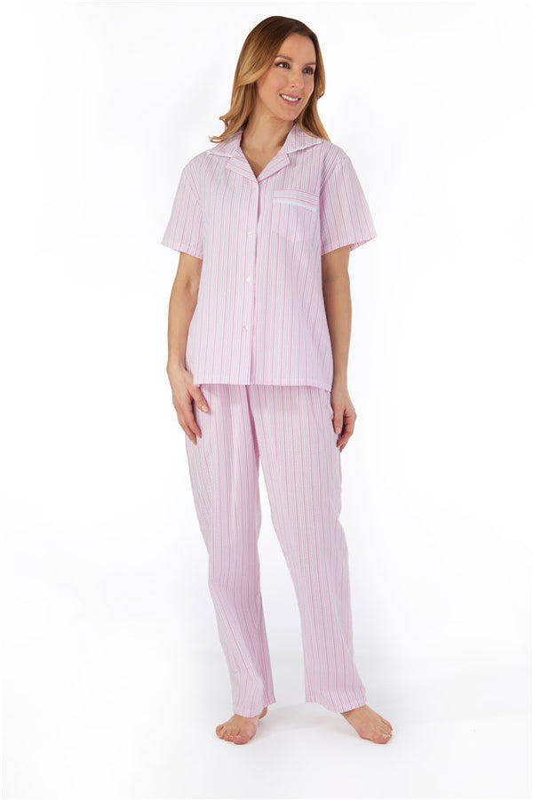 slenderella Pinstripe Seersucker Button Through Woven Pyjama PJ55225