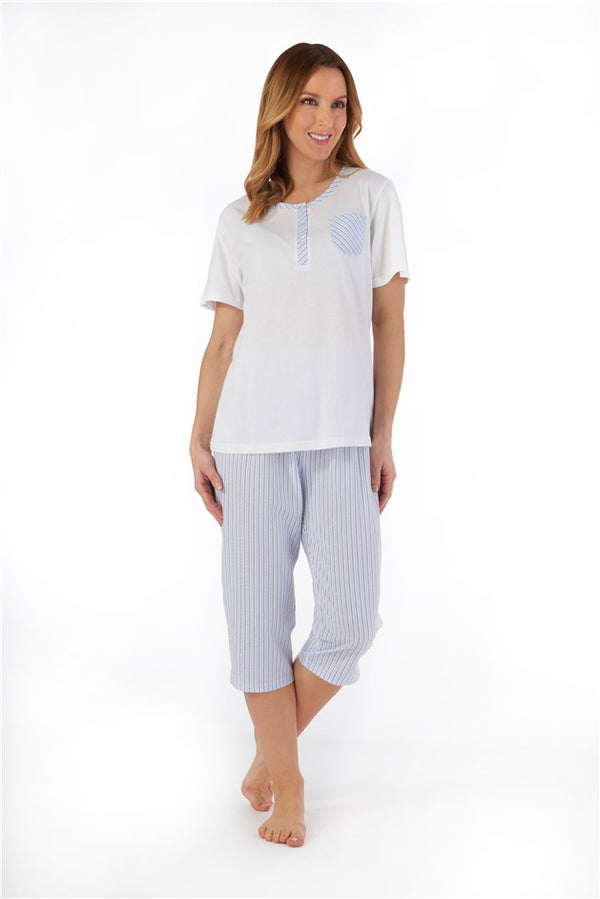 slenderella Pinstripe Seersucker Cropped Pyjama Woven PJ55223