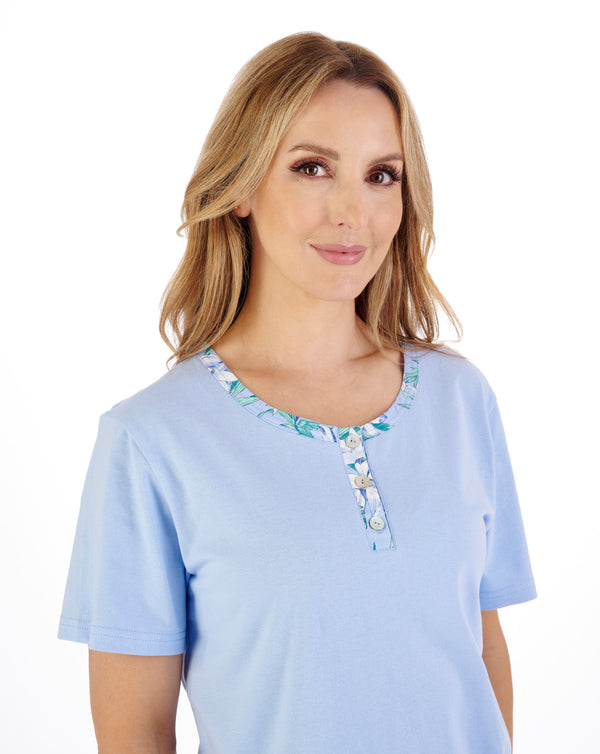 Slenderella Tropical Flower Print Jersey Top With Woven Trouser Pyjama PJ05222