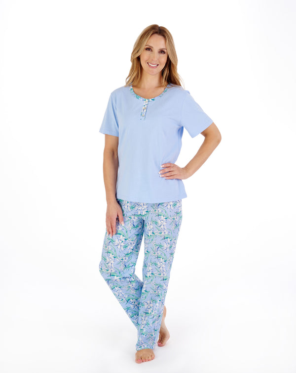 slenderella Tropical Flower Print Jersey Top with Woven Trouser Pyjama PJ05222