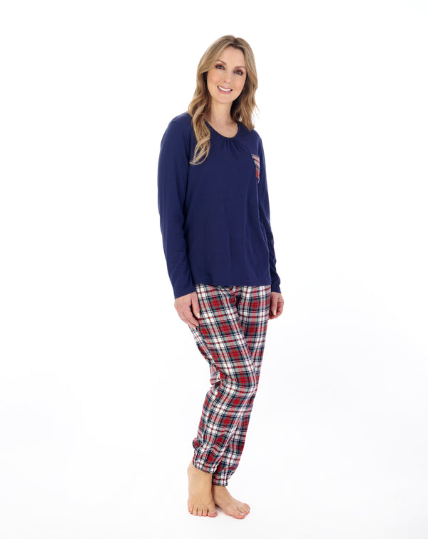 slenderella Woven Cotton Check and Solid Colour Jersey Top Pyjama PJ04221