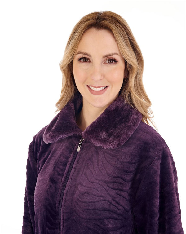 Slenderella Zebra Inspired Print Faux Fur 50" Zip Housecoat HC88337