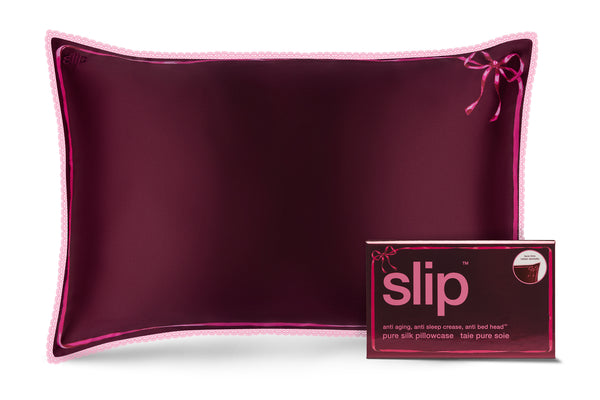 slip Crimson Kiss Queen Zippered Pillowcase with Lace Trim