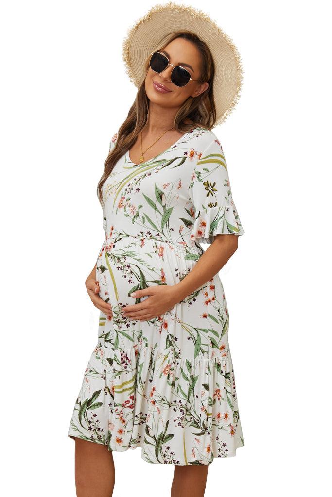 Smallshow Floral Ruffle Short Sleeve Maternity Dress