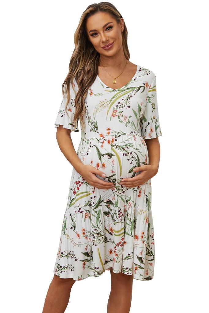smallshow Floral Ruffle Short Sleeve Maternity Dress