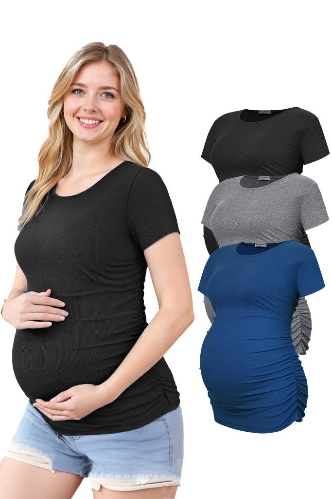 smallshow Ribbed Short Sleeve Maternity Shirts 3-Pack