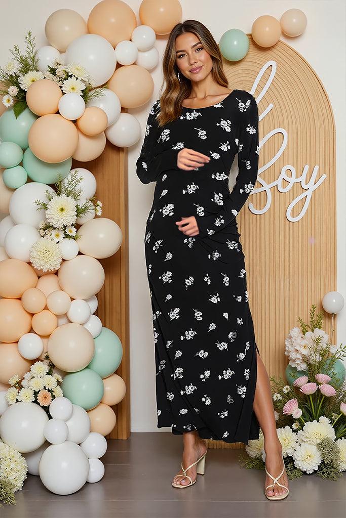 smallshow Long Sleeve Floral Maternity Maxi Dress