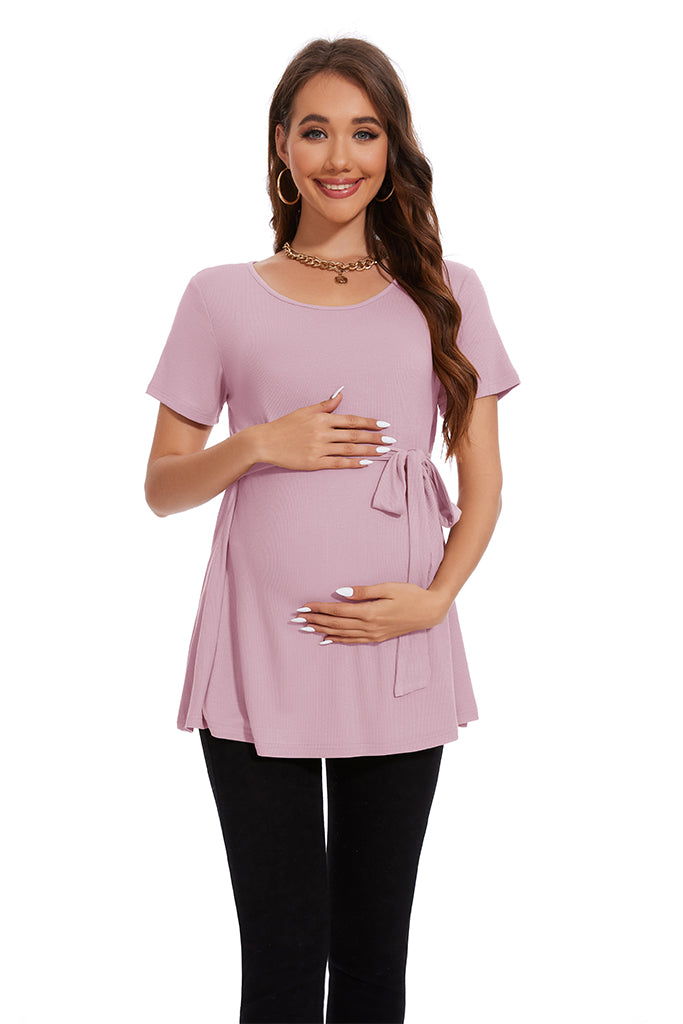 Smallshow Ribbed Tie Front Maternity Blouse