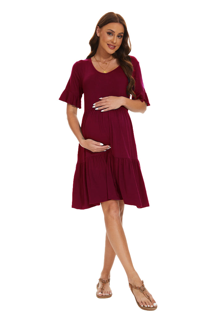 Smallshow Ruffle Sleeve Tiered Maternity Dress