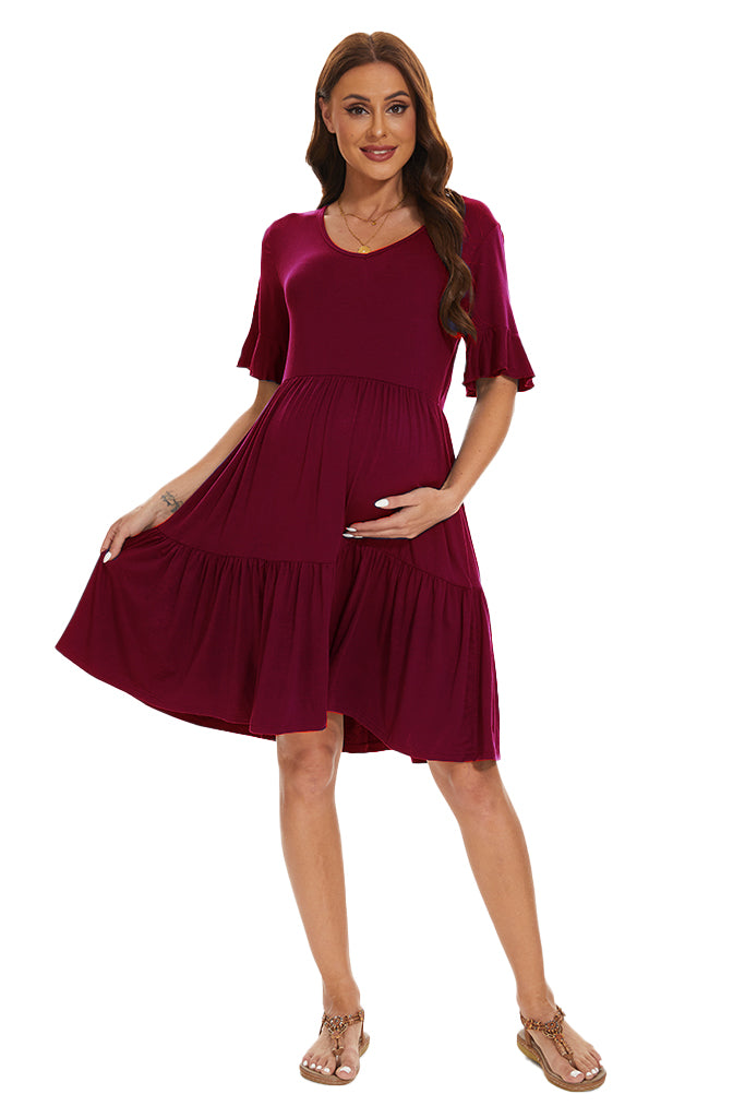 Smallshow Ruffle Sleeve Tiered Maternity Dress