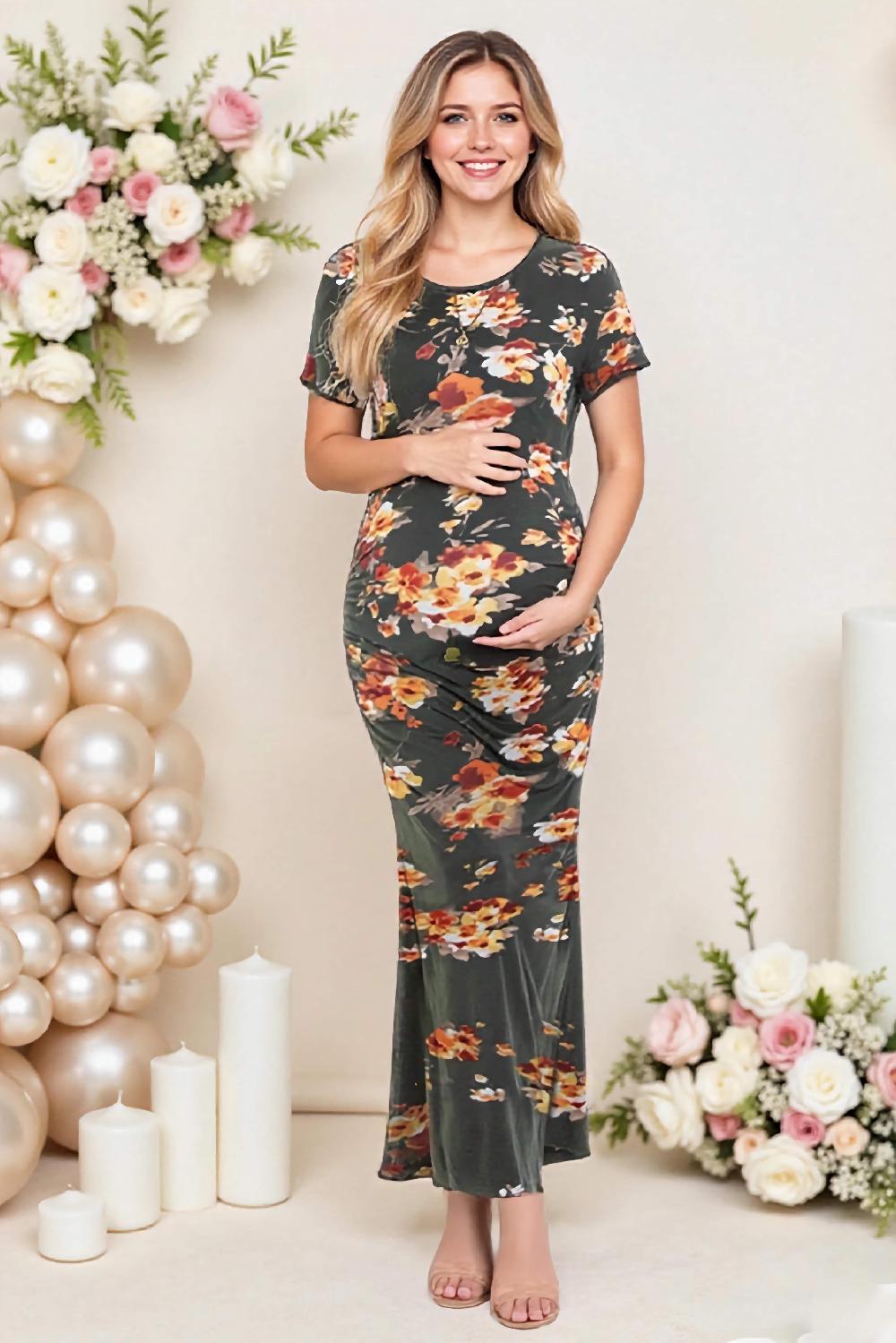 smallshow Smallshow Short Sleeve Floral Maternity Maxi Dress