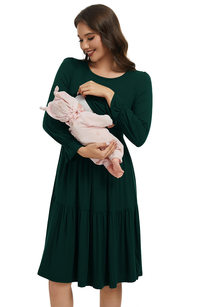 Smallshow Tiered Long Sleeve Nursing Dress