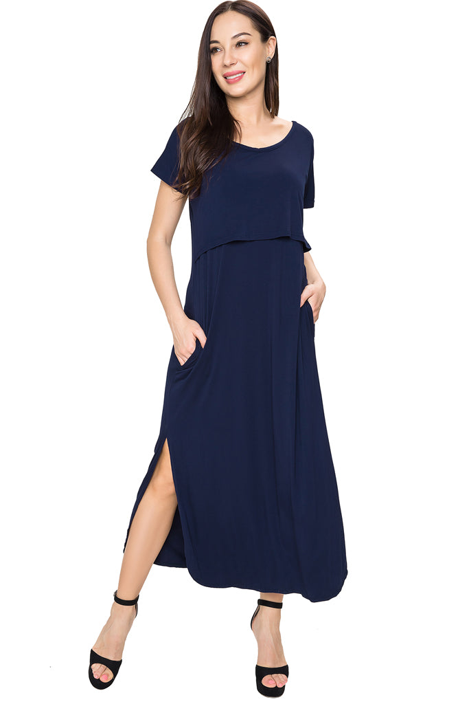 Smallshow UILGO Short Sleeve Maxi Nursing Dress