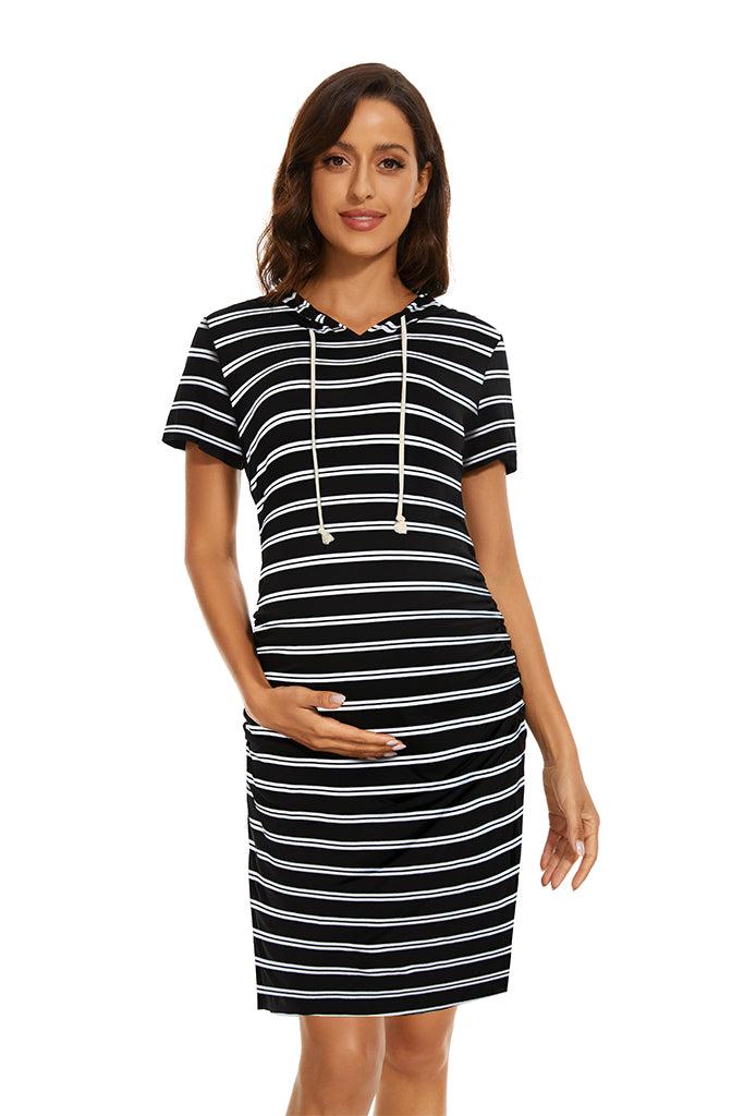 Smallshow Striped Short Sleeve Maternity Hoodie Dress