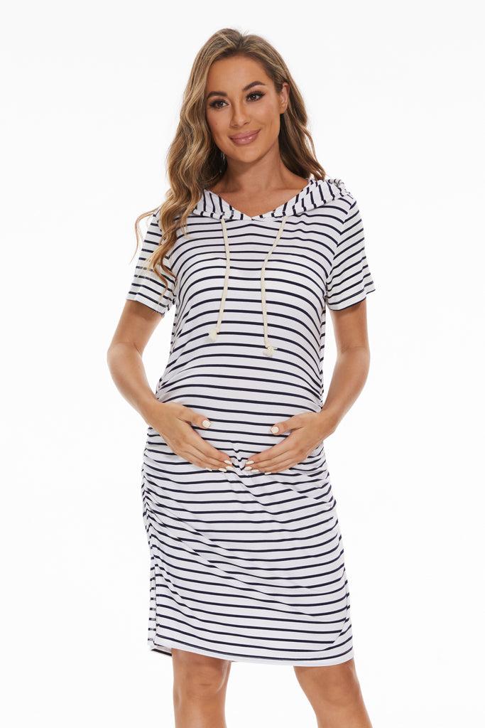 smallshow Striped Short Sleeve Maternity Hoodie Dress