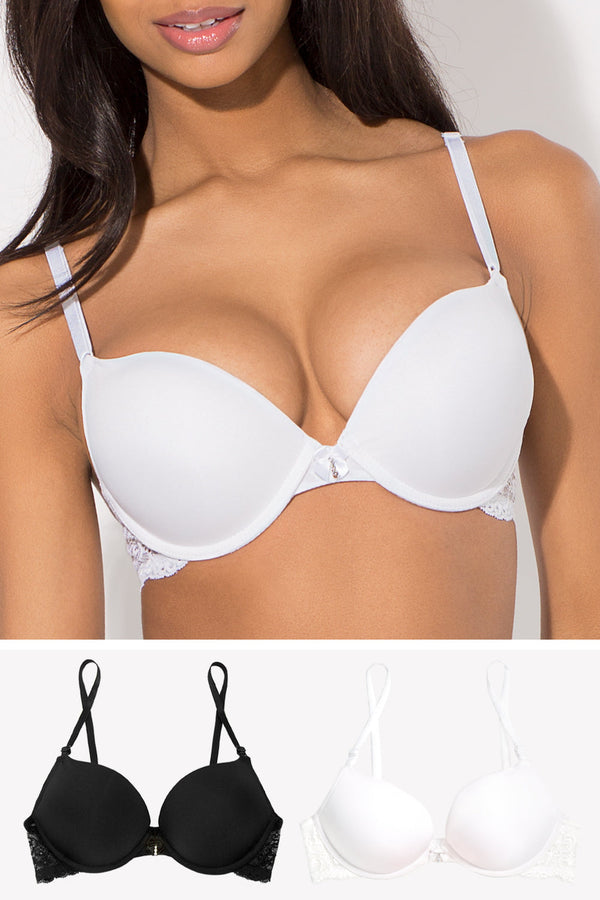 smart & sexy Add 2 Cup Sizes Push-Up Bra 2 Pack | Black/White Lace Wings