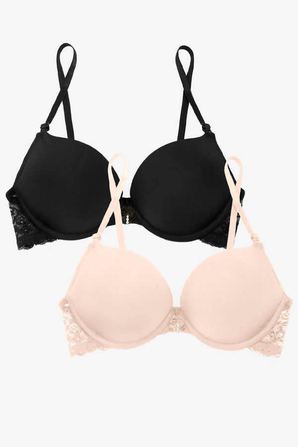 Smart & Sexy Add 2 Cup Sizes Push-Up Bra 2 Pack | In The Buff/Black Hue W Lace Wings