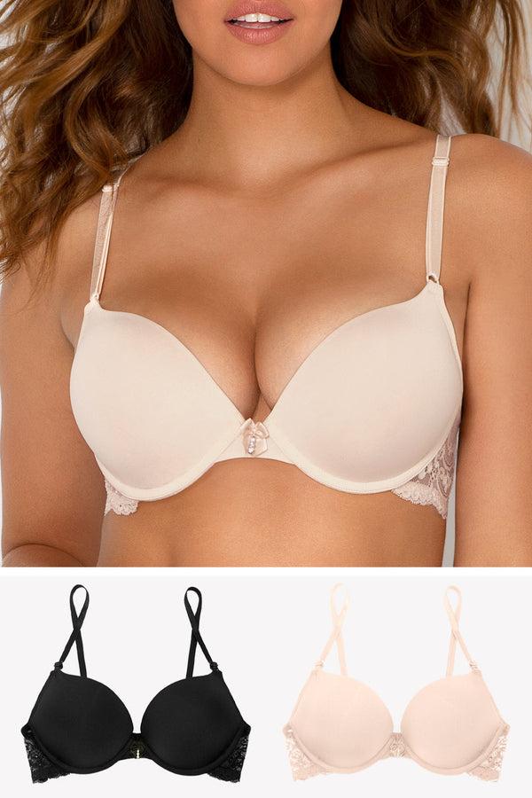 smart & sexy Add 2 Cup Sizes Push-Up Bra 2 Pack | In The Buff/Black Hue W Lace Wings
