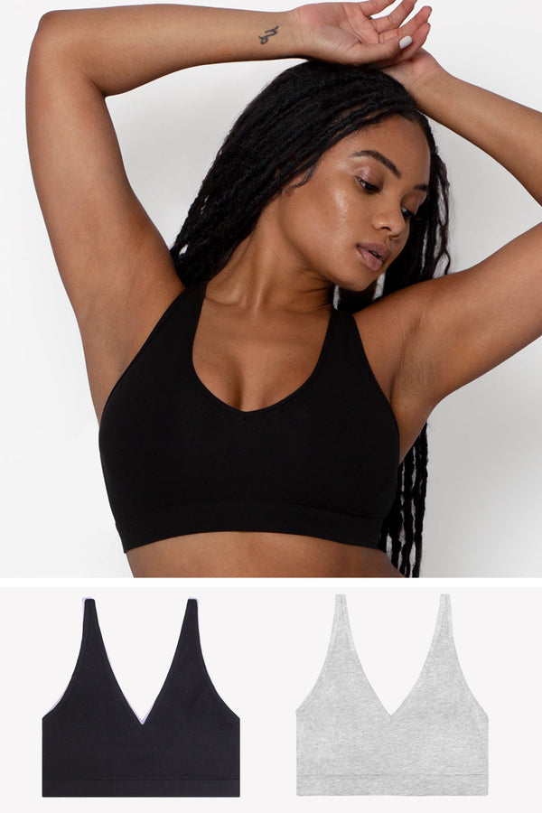 smart & sexy Comfort Cotton Plunge Bralette 2 Pack | Light Grey Heather Cotton/Black Hue Cotton