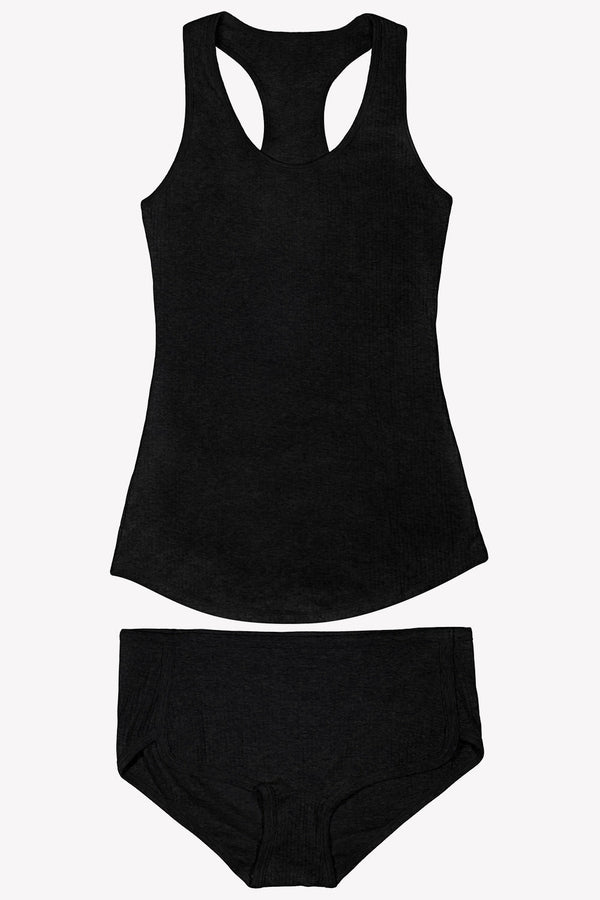 Smart & Sexy Comfort Cotton Rib Tank Top & Shorts Sleep Set | Black Hue Cotton