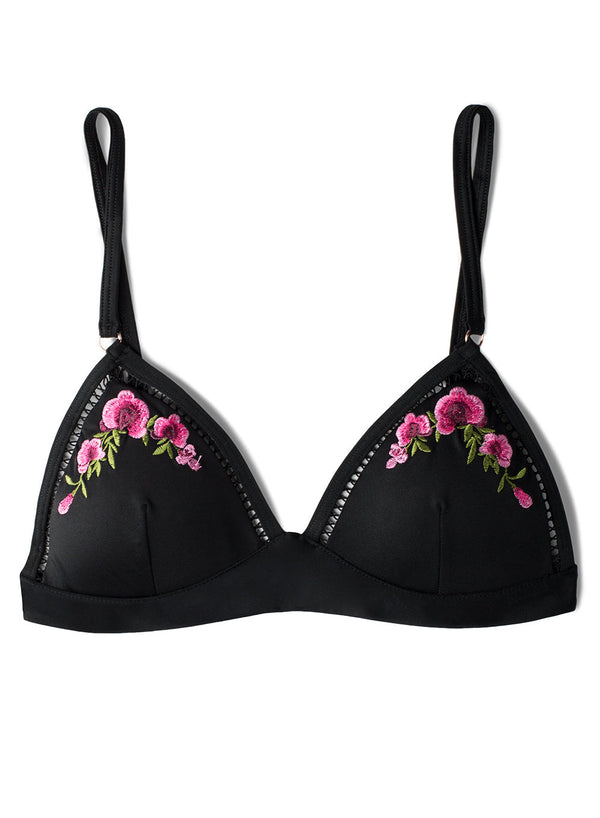 Smart & Sexy Embroidered Wire-Free Bikini Top | Black Hue W/ Floral Embroidery