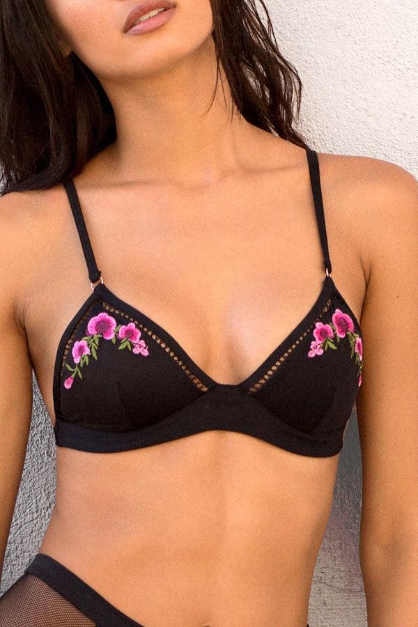 smart & sexy Embroidered Wire-Free Bikini Top | Black Hue W/ Floral Embroidery