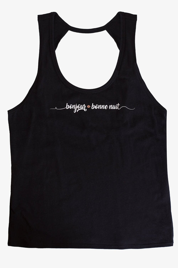 Smart & Sexy Graphic Twist Back Tank Top | Black Hue Bonjour/Bonne Nuit