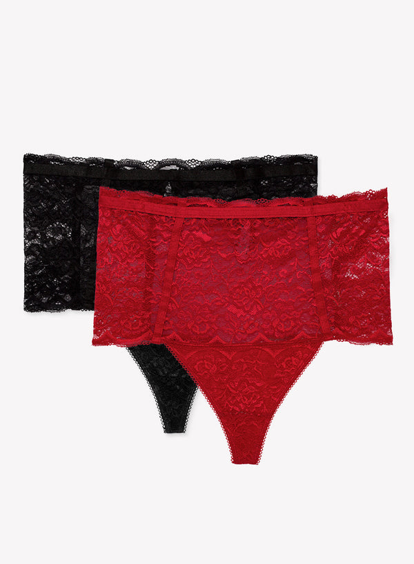 smart & sexy Lace & Mesh High Waisted Thong 2 Pack | No No Red/Black Hue
