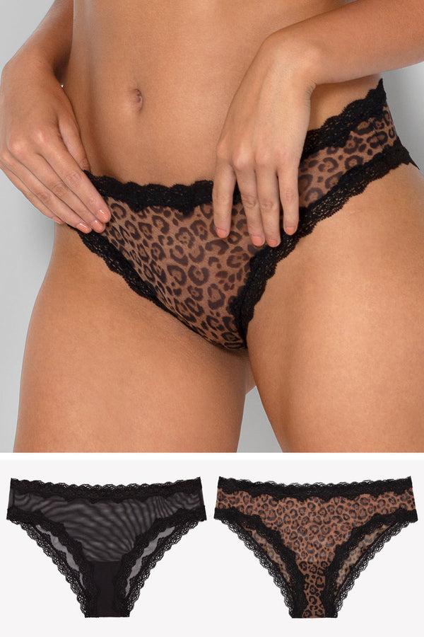 smart & sexy Lace Trim Cheeky Panty 2 Pack | Classic Leopard/Black Hue