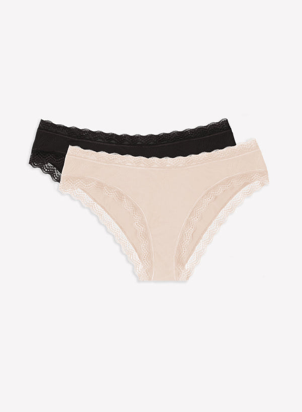Smart & Sexy Lace Trim Cheeky Panty 2 Pack | In The Buff/Black Hue
