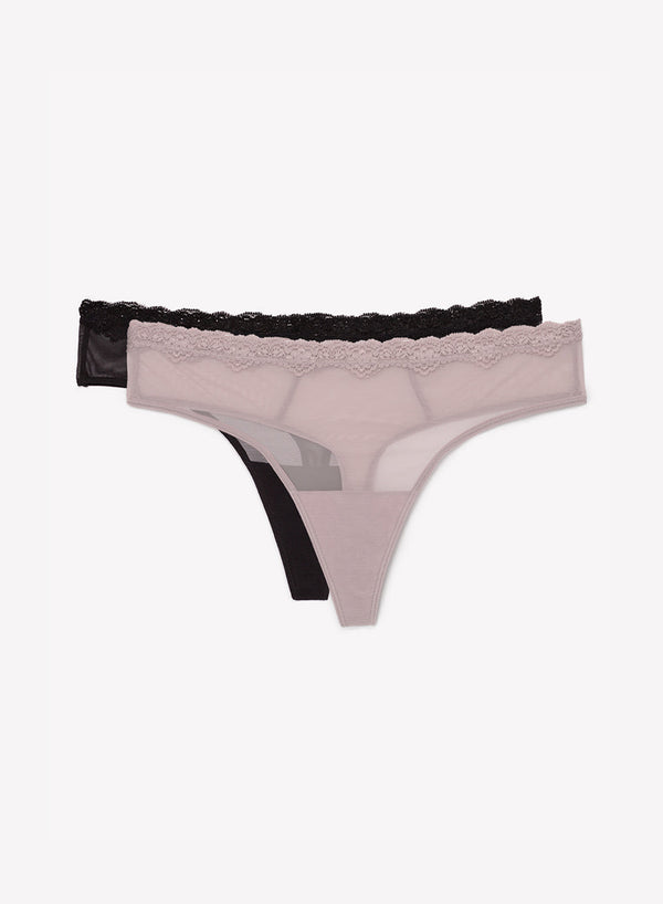 Smart & Sexy Lace Trim Mesh Thong Panty 2 Pack | Bark/Black Hue