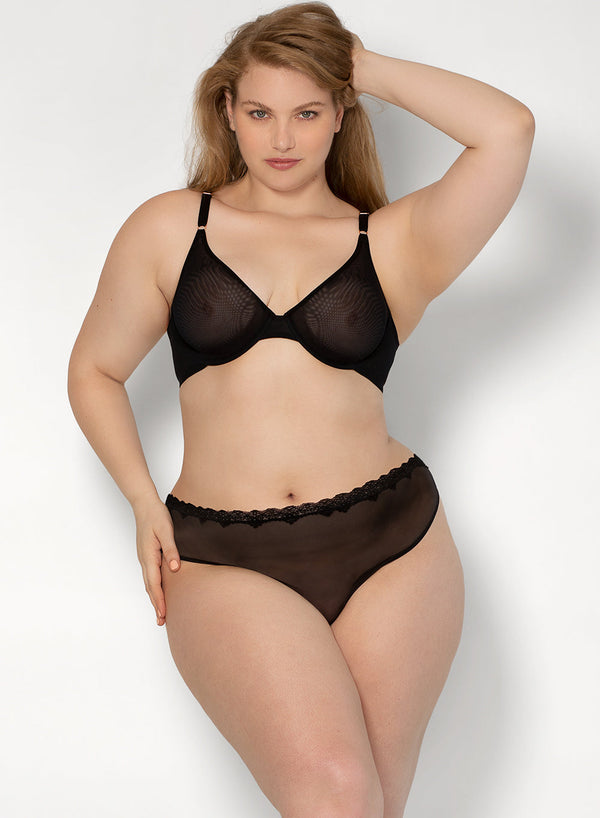 Smart & Sexy Lace Trim Mesh Thong Panty 2 Pack | Bark/Black Hue