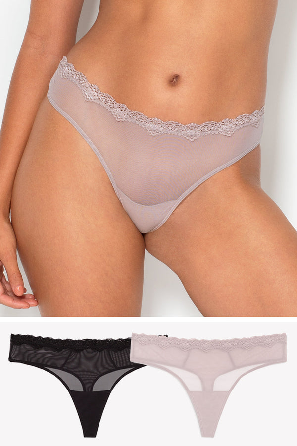 smart & sexy Lace Trim Mesh Thong Panty 2 Pack | Bark/Black Hue